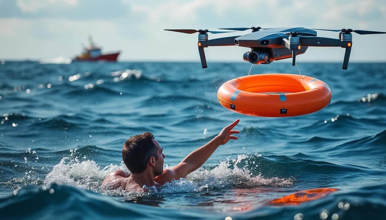 découvrez comment les drones de secours révolutionnent le sauvetage en mer en larguant rapidement des bouées autogonflantes pour sauver des vies en situation d'urgence.